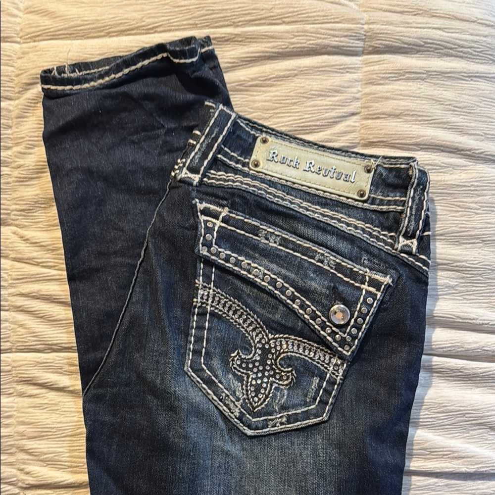 Rock Revival Blue Jeans w. Vintage Wash and Contrast Stitching, from the Buckle
